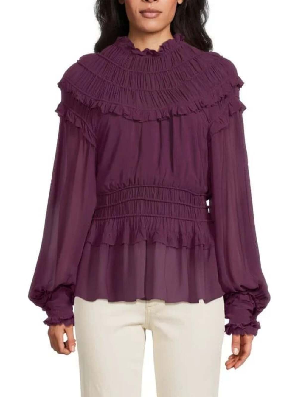 Farm Rio Size XXS Purple Smocked Long Sleeve Mock Neck Ruffled Peplum Top NWOT